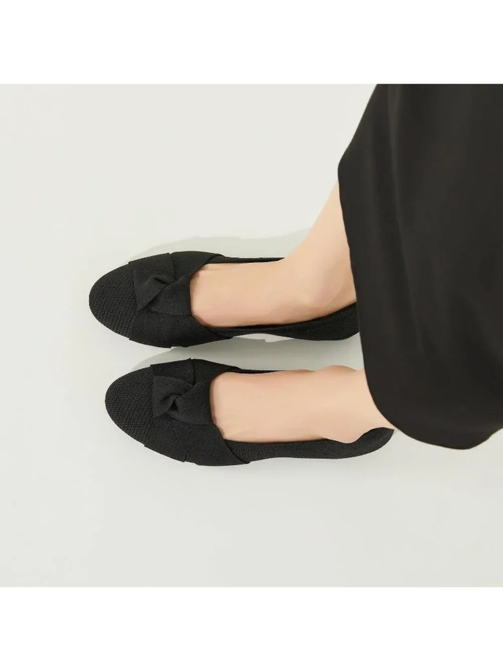 Women’s Black Mesh Bowknot Round Toe Flats Lightweight Breathable Slip-On Shoes